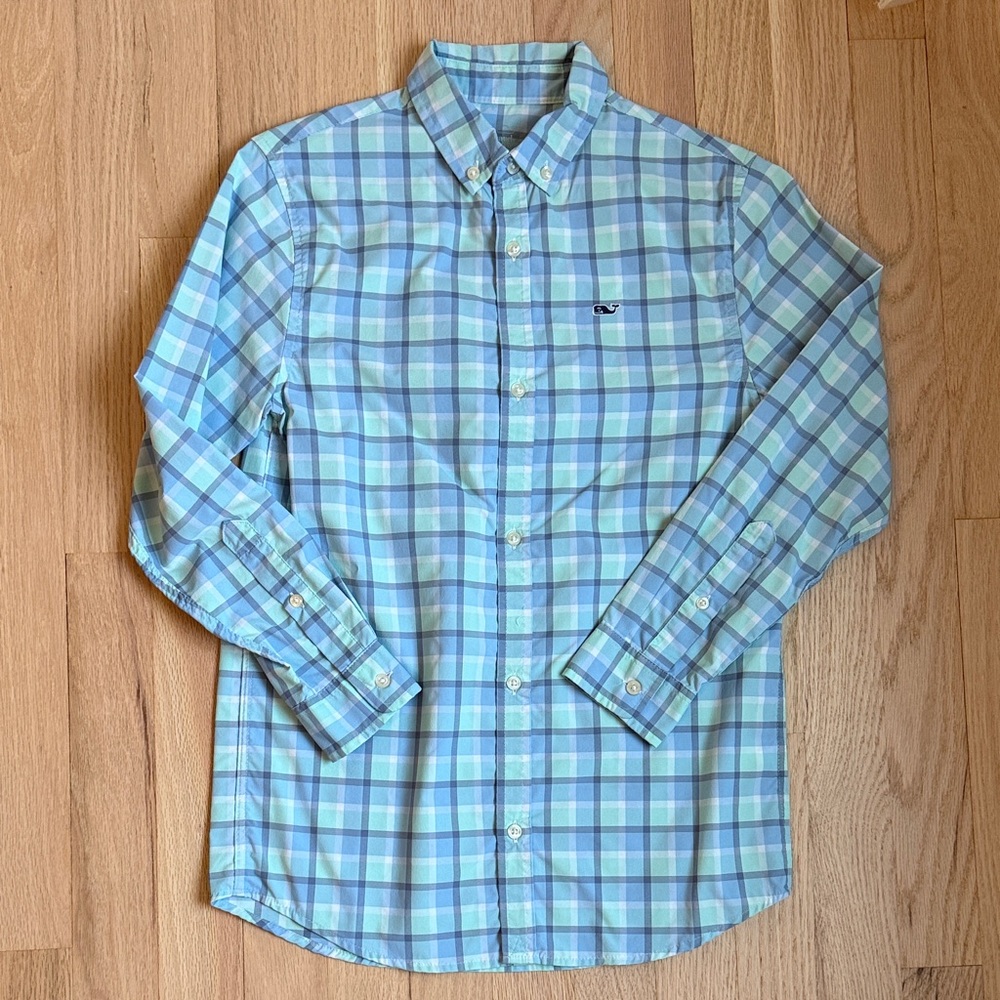 Vineyard Vines Men's Green and Blue Checkered Shirt